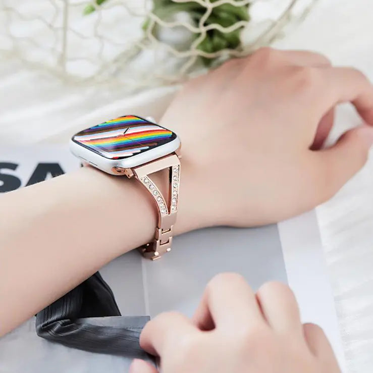 Pulseira para Apple Watch de Aço Inoxidável com Diamantes de Metal